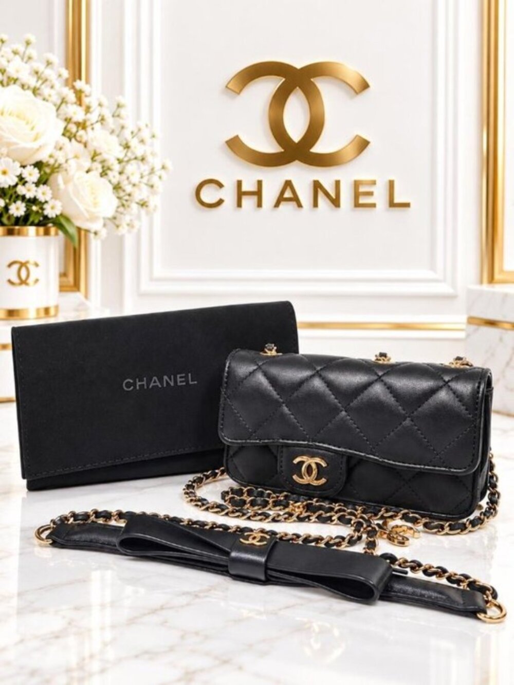Authentic Chanel Black Quilted Leather Mini Flap CC Bow Chain Crossbody Bag